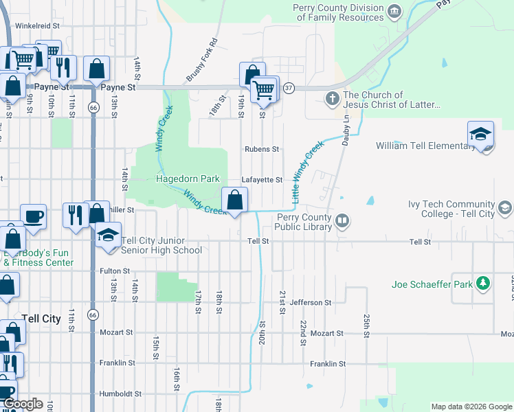 map of restaurants, bars, coffee shops, grocery stores, and more near 1101 20th Street in Tell City
