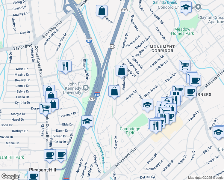 map of restaurants, bars, coffee shops, grocery stores, and more near 1391 Brookview Drive in Concord