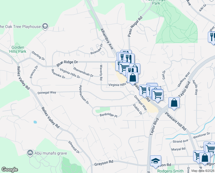 map of restaurants, bars, coffee shops, grocery stores, and more near 159 Virginia Hills Drive in Martinez