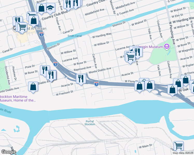 map of restaurants, bars, coffee shops, grocery stores, and more near 1005 Carlton Avenue in Stockton