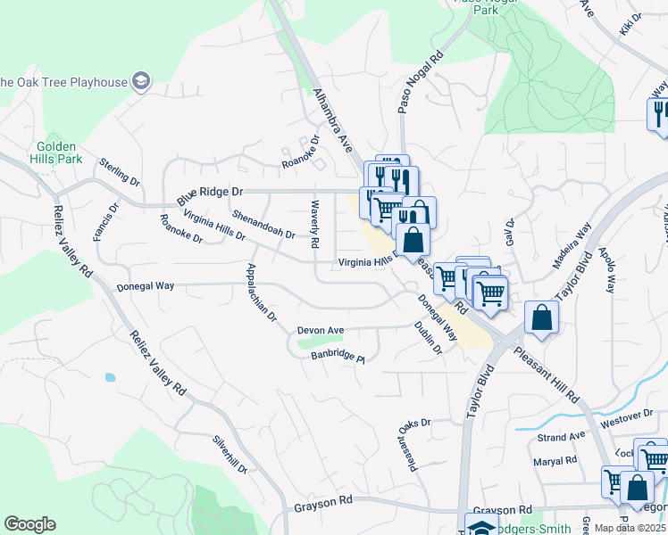 map of restaurants, bars, coffee shops, grocery stores, and more near 159 Virginia Hills Drive in Martinez