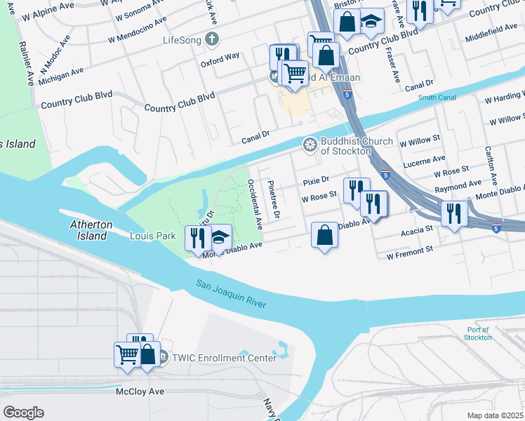 map of restaurants, bars, coffee shops, grocery stores, and more near 1251 Pinetree Drive in Stockton