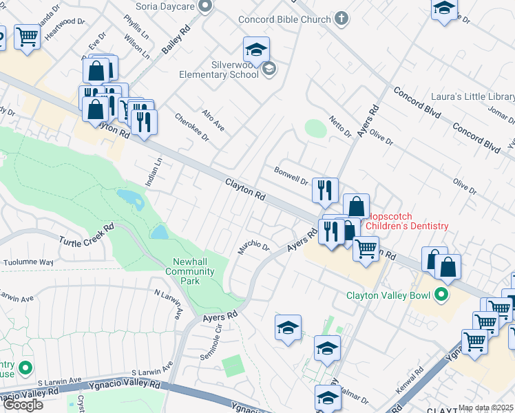 map of restaurants, bars, coffee shops, grocery stores, and more near 116 Saint James Parkway in Concord