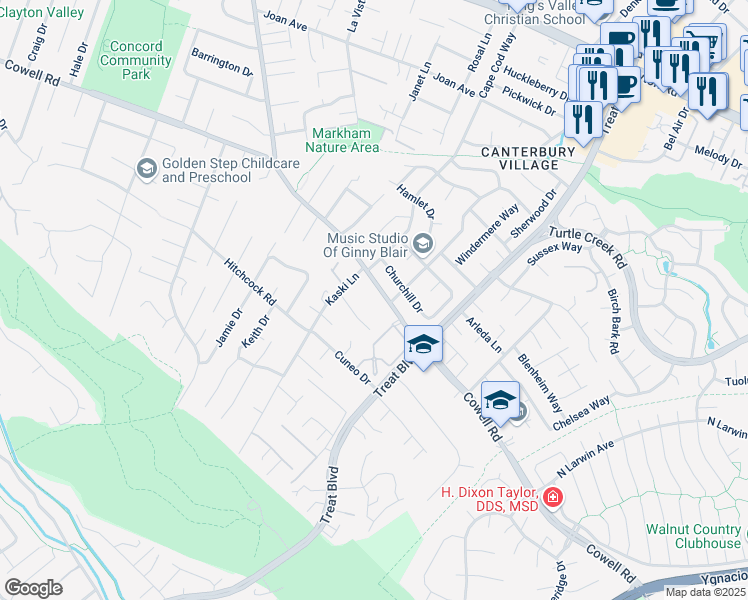 map of restaurants, bars, coffee shops, grocery stores, and more near 4118 Cowell Road in Concord