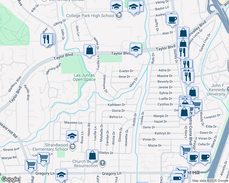 map of restaurants, bars, coffee shops, grocery stores, and more near 1678 Merian Drive in Pleasant Hill