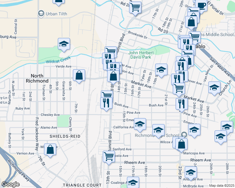 map of restaurants, bars, coffee shops, grocery stores, and more near 1702 Rumrill Boulevard in San Pablo