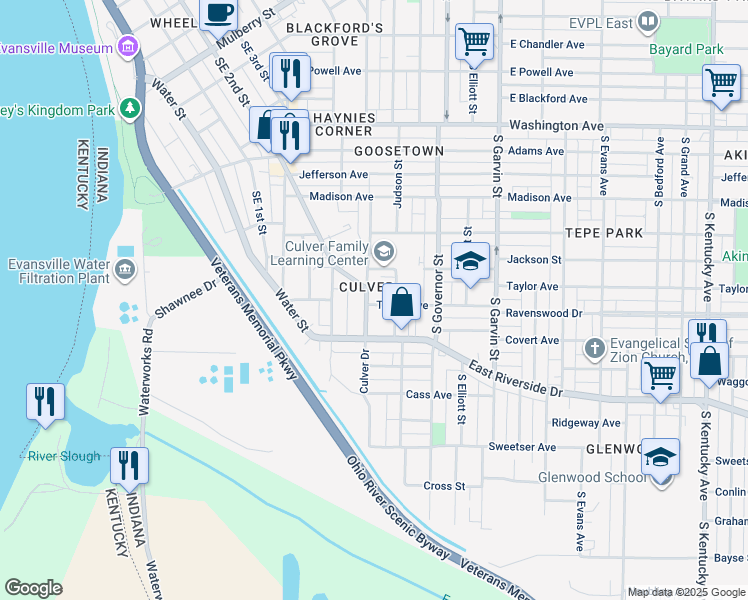 map of restaurants, bars, coffee shops, grocery stores, and more near 1414 Culver Drive in Evansville