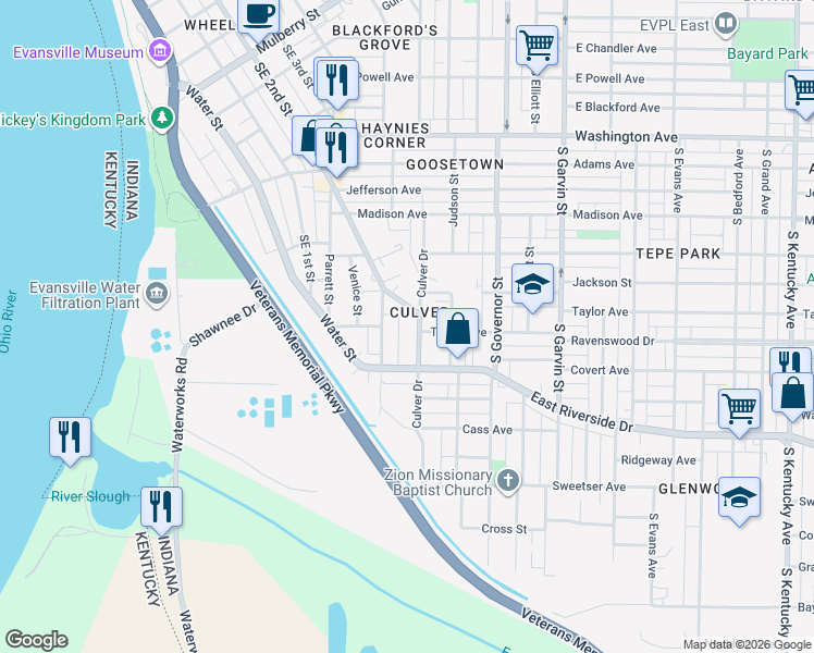 map of restaurants, bars, coffee shops, grocery stores, and more near 1414 Culver Drive in Evansville
