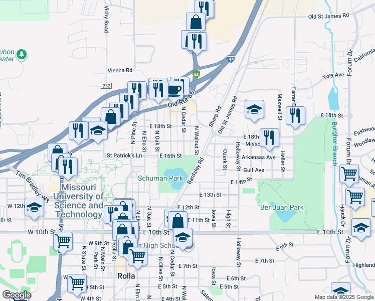map of restaurants, bars, coffee shops, grocery stores, and more near 1609 North Cedar Street in Rolla