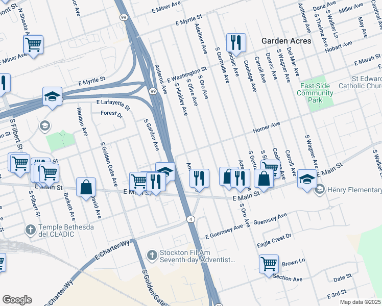 map of restaurants, bars, coffee shops, grocery stores, and more near 3816 East Horner Avenue in Stockton