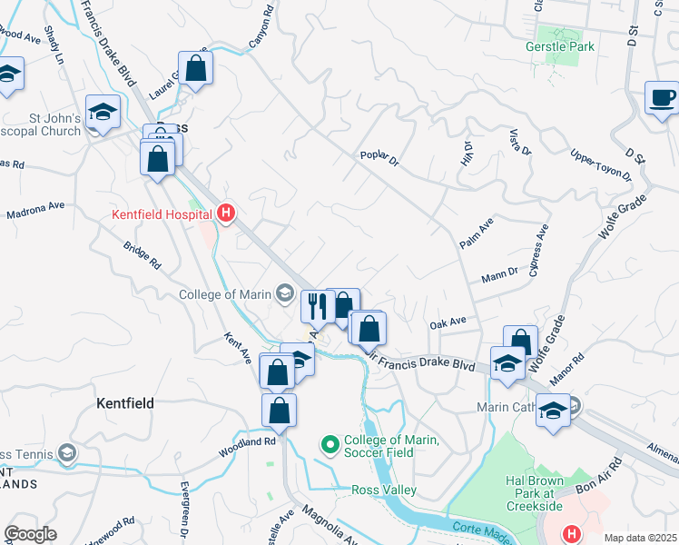 map of restaurants, bars, coffee shops, grocery stores, and more near 18 Maple Avenue in Kentfield
