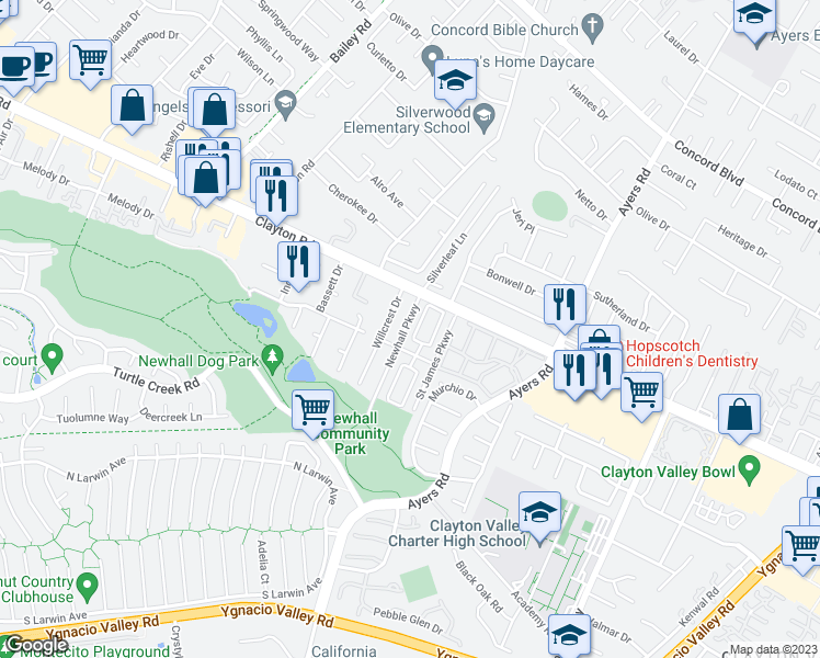 map of restaurants, bars, coffee shops, grocery stores, and more near 1460 Newhall Parkway in Concord