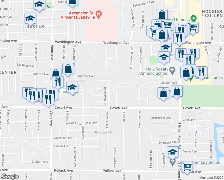 map of restaurants, bars, coffee shops, grocery stores, and more near 1423 Harrelton Drive in Evansville