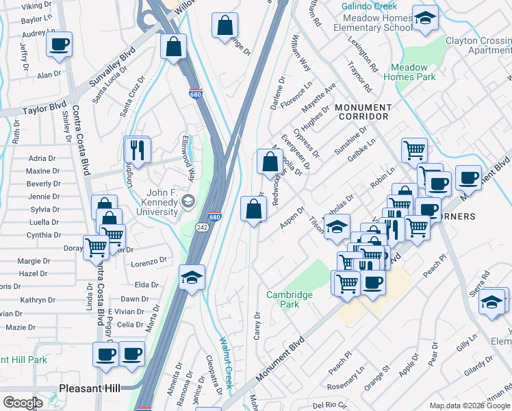 map of restaurants, bars, coffee shops, grocery stores, and more near 1243 Linden Drive in Concord