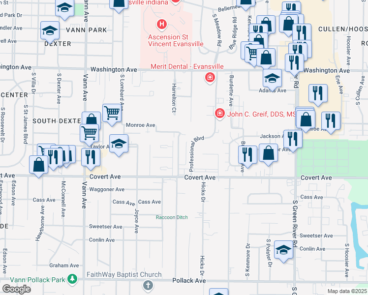 map of restaurants, bars, coffee shops, grocery stores, and more near 1417 Harrelton Drive in Evansville
