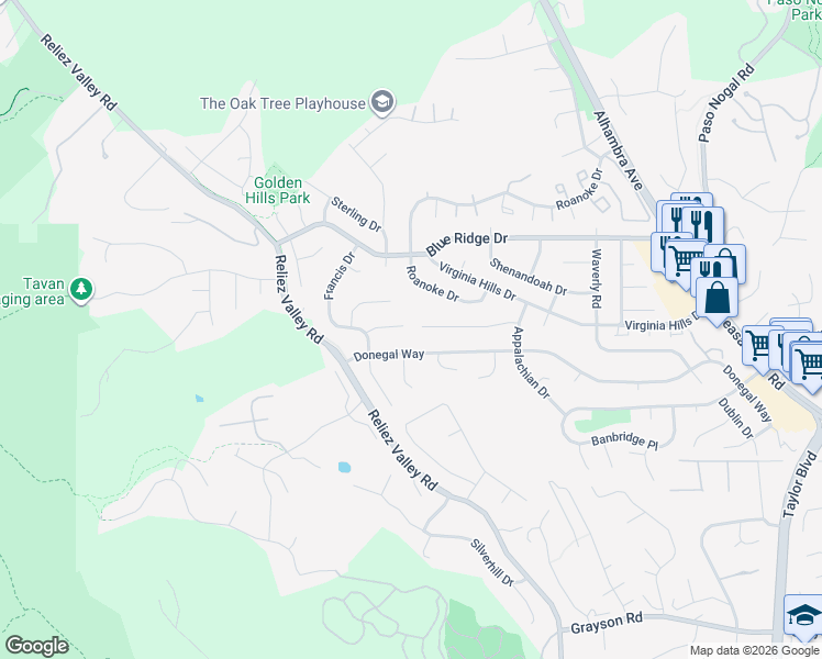 map of restaurants, bars, coffee shops, grocery stores, and more near 653 Byrdee Way in Lafayette