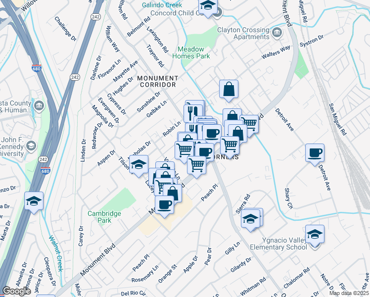 map of restaurants, bars, coffee shops, grocery stores, and more near 1133 Meadow Lane in Concord