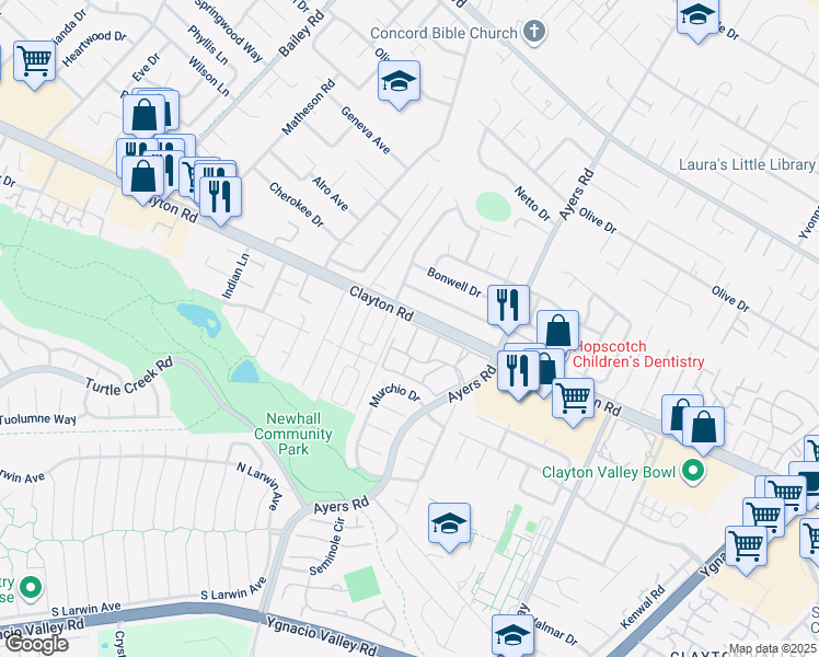 map of restaurants, bars, coffee shops, grocery stores, and more near 5025 Valley Crest Drive in Concord