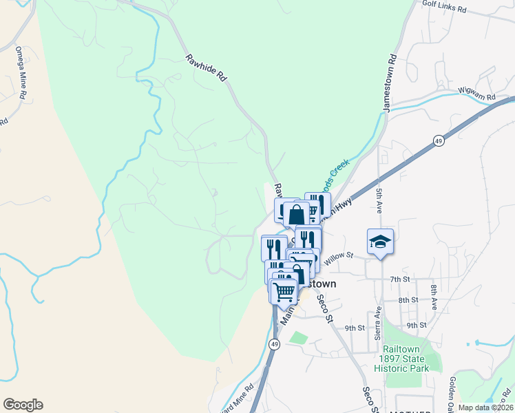 map of restaurants, bars, coffee shops, grocery stores, and more near 18426 Daly Court in Jamestown