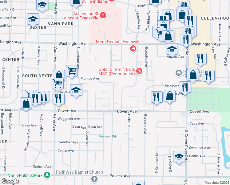 map of restaurants, bars, coffee shops, grocery stores, and more near 1408 Jeanette Avenue in Evansville