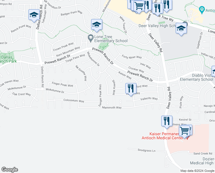 map of restaurants, bars, coffee shops, grocery stores, and more near 2628 Carson Way in Antioch