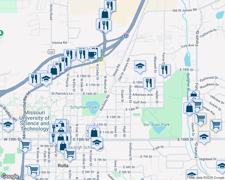 map of restaurants, bars, coffee shops, grocery stores, and more near 1606 Bardsley Road in Rolla