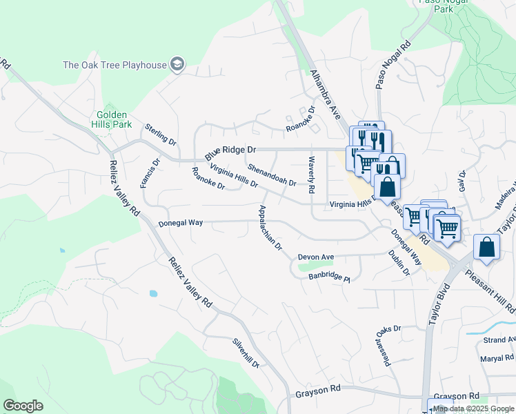 map of restaurants, bars, coffee shops, grocery stores, and more near 307 Appalachian Way in Martinez