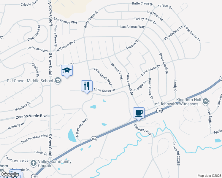 map of restaurants, bars, coffee shops, grocery stores, and more near Plum Creek Way in Pueblo