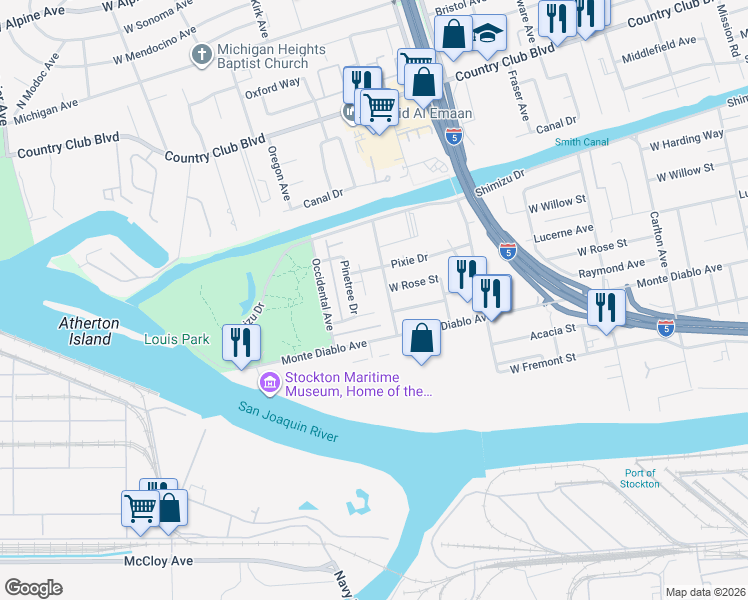 map of restaurants, bars, coffee shops, grocery stores, and more near 1242 Doray Court in Stockton
