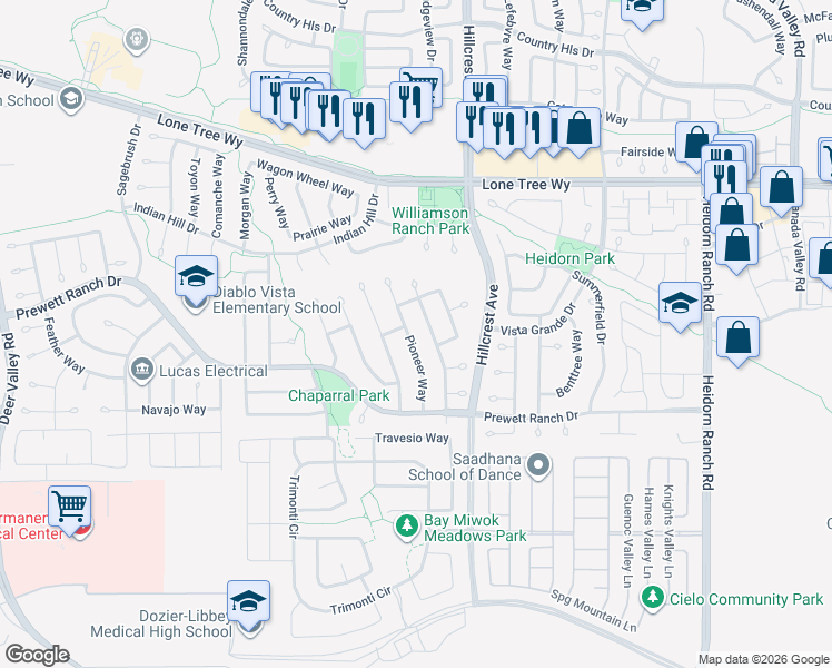 map of restaurants, bars, coffee shops, grocery stores, and more near 5111 Pioneer Way in Antioch