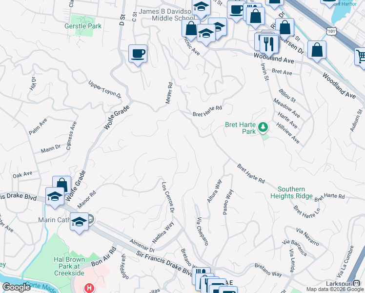 map of restaurants, bars, coffee shops, grocery stores, and more near 369 North Almenar Drive in Larkspur