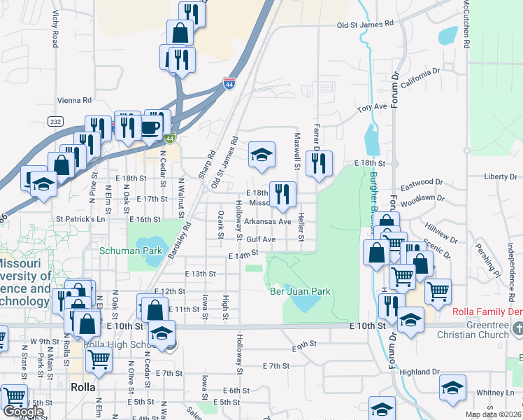 map of restaurants, bars, coffee shops, grocery stores, and more near 1615 Spencer Street in Rolla