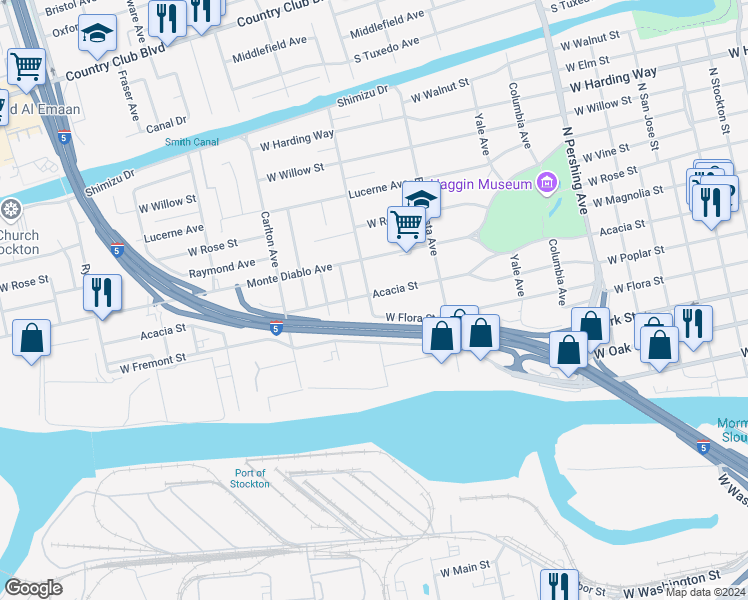 map of restaurants, bars, coffee shops, grocery stores, and more near 1894 Acacia Street in Stockton