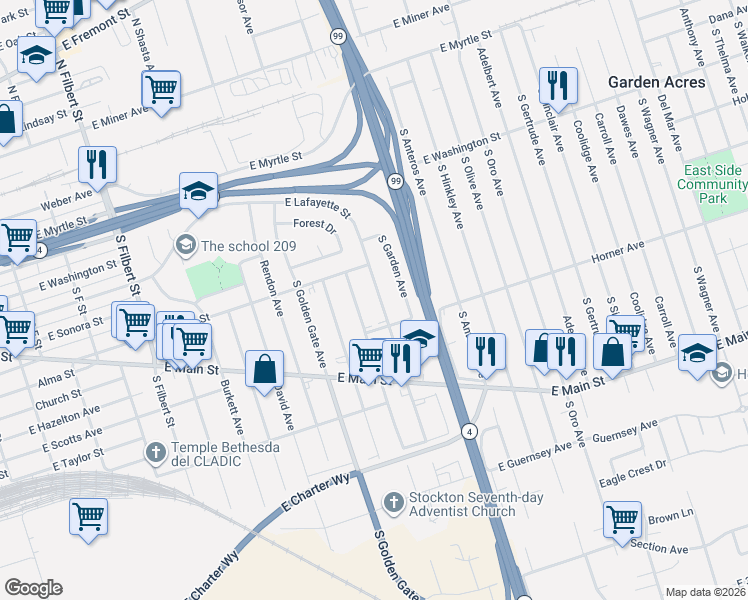 map of restaurants, bars, coffee shops, grocery stores, and more near 504 South Broadway Avenue in Stockton