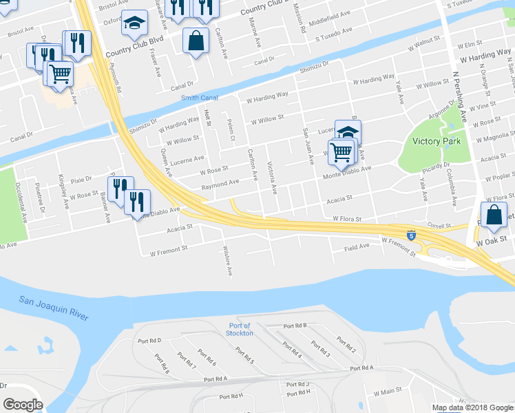 map of restaurants, bars, coffee shops, grocery stores, and more near 2130 Monte Diablo Avenue in Stockton