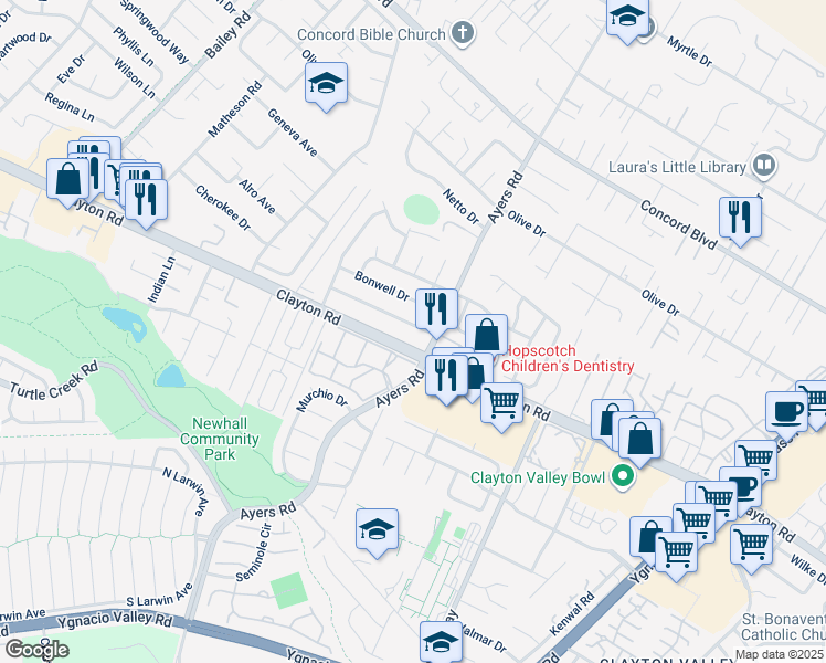 map of restaurants, bars, coffee shops, grocery stores, and more near 5077 Kenmore Drive in Concord