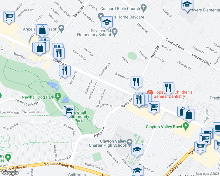 map of restaurants, bars, coffee shops, grocery stores, and more near 116 Saint James Parkway in Concord