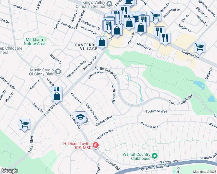 map of restaurants, bars, coffee shops, grocery stores, and more near 1390 Morning View Court in Concord