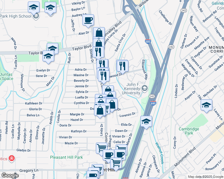 map of restaurants, bars, coffee shops, grocery stores, and more near 1400 Contra Costa Boulevard in Pleasant Hill