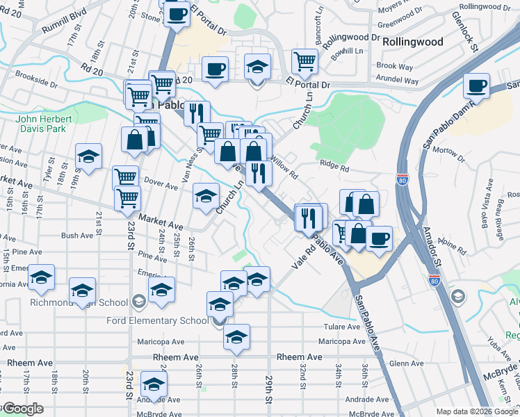 map of restaurants, bars, coffee shops, grocery stores, and more near 2842 Chattleton Lane in San Pablo
