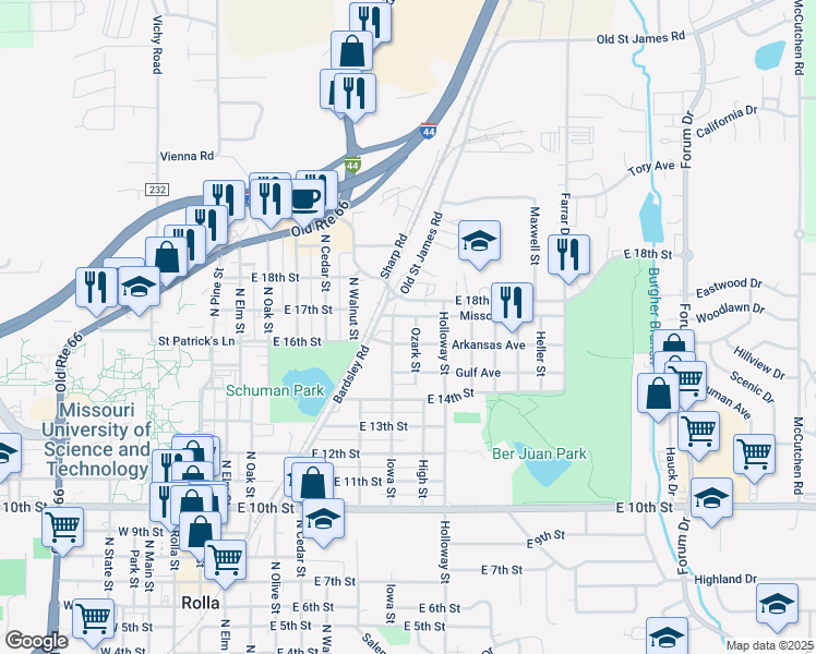 map of restaurants, bars, coffee shops, grocery stores, and more near 1720 Bardsley Road in Rolla