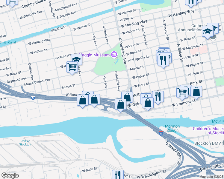 map of restaurants, bars, coffee shops, grocery stores, and more near 1536 West Flora Street in Stockton