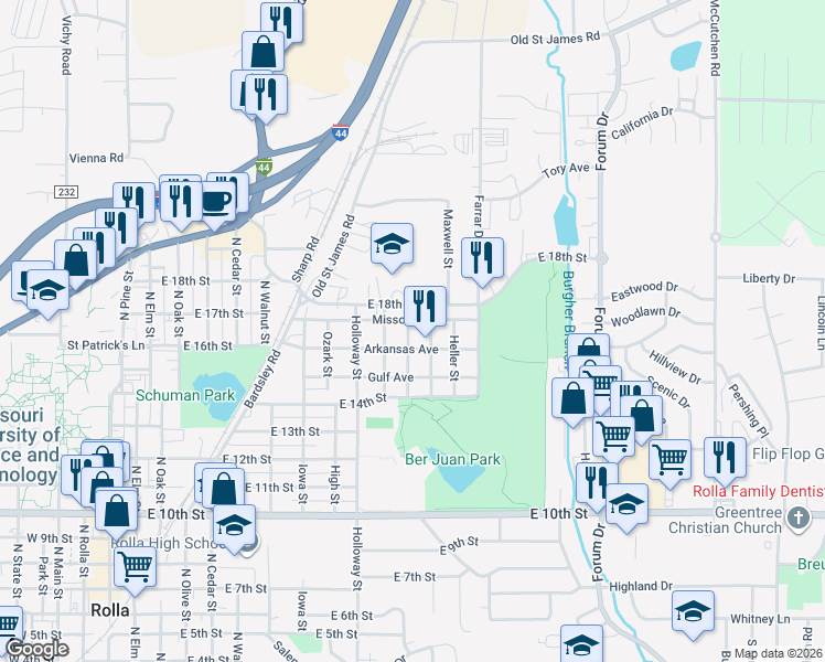map of restaurants, bars, coffee shops, grocery stores, and more near 1608 Leroy Street in Rolla