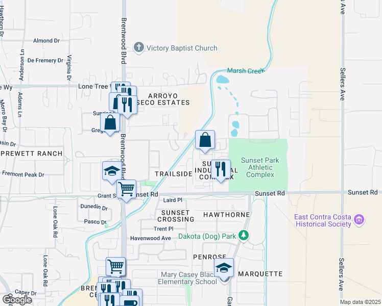 map of restaurants, bars, coffee shops, grocery stores, and more near 2043 Trailside Drive in Brentwood