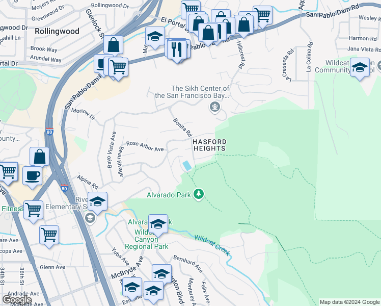 map of restaurants, bars, coffee shops, grocery stores, and more near 1509 Bonita Road in Richmond