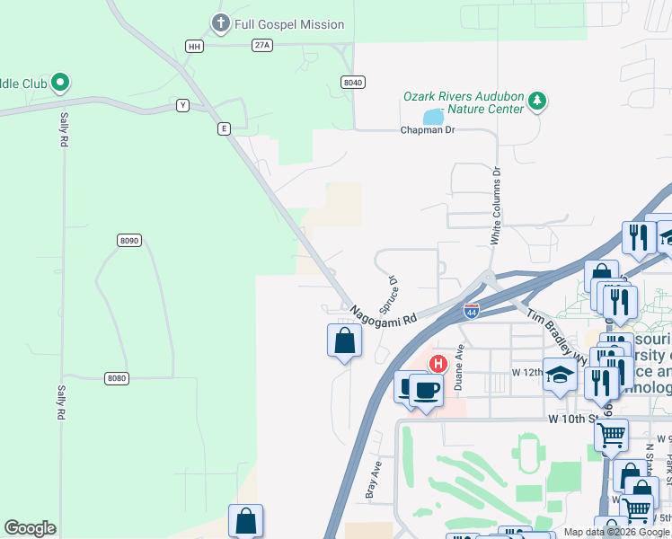 map of restaurants, bars, coffee shops, grocery stores, and more near 1400 Nagogami Road in Rolla