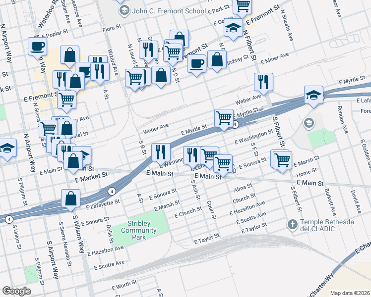 map of restaurants, bars, coffee shops, grocery stores, and more near 2140 East Market Street in Stockton