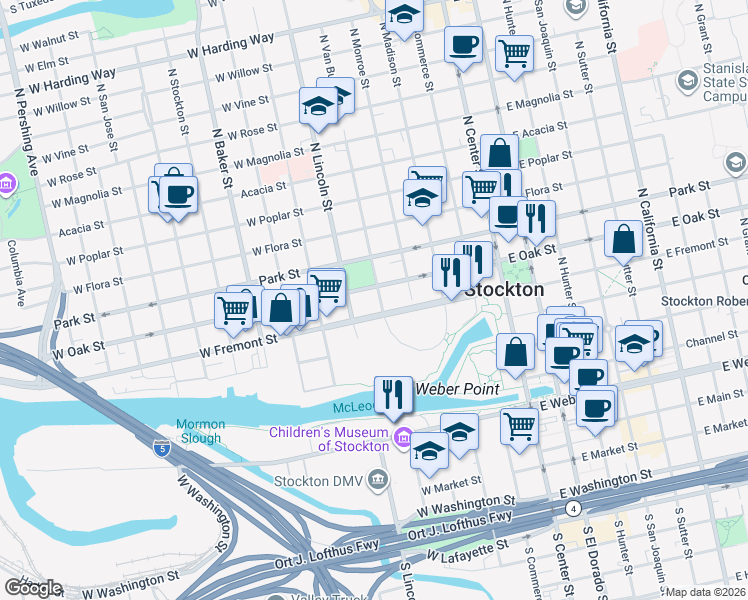 map of restaurants, bars, coffee shops, grocery stores, and more near 527 North Van Buren Street in Stockton