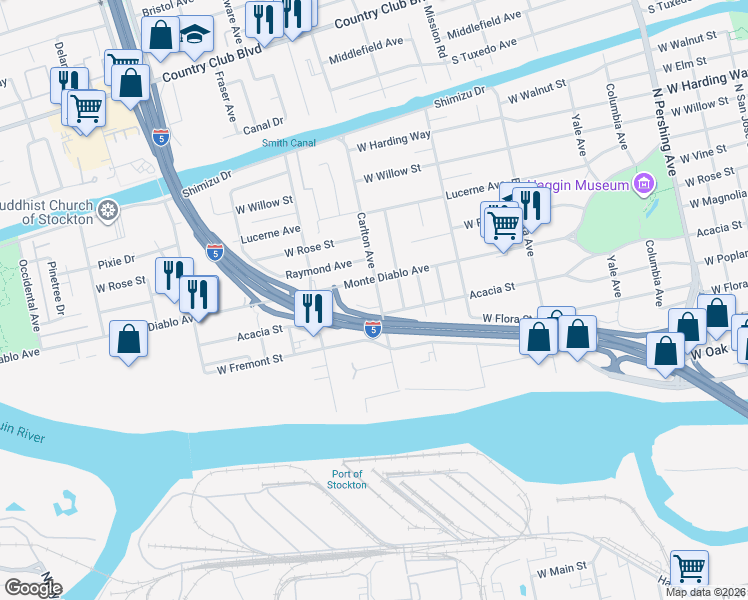 map of restaurants, bars, coffee shops, grocery stores, and more near 2130 Monte Diablo Avenue in Stockton