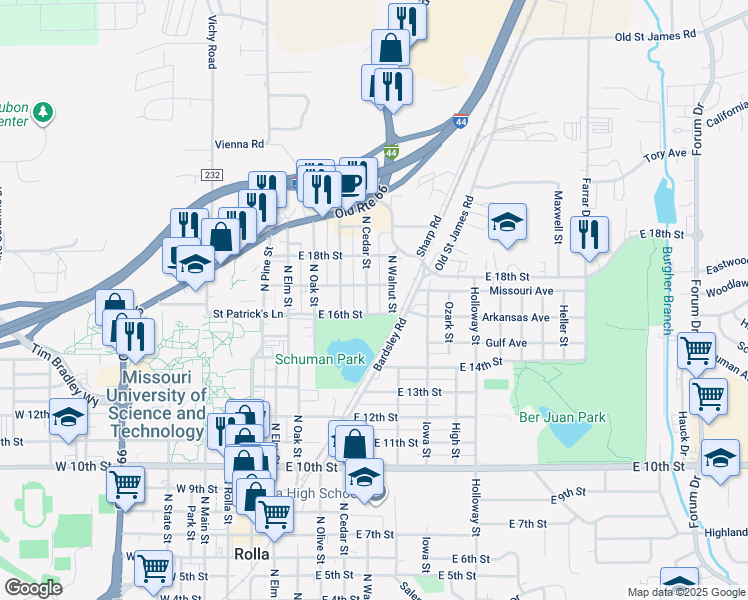 map of restaurants, bars, coffee shops, grocery stores, and more near 1609 North Cedar Street in Rolla